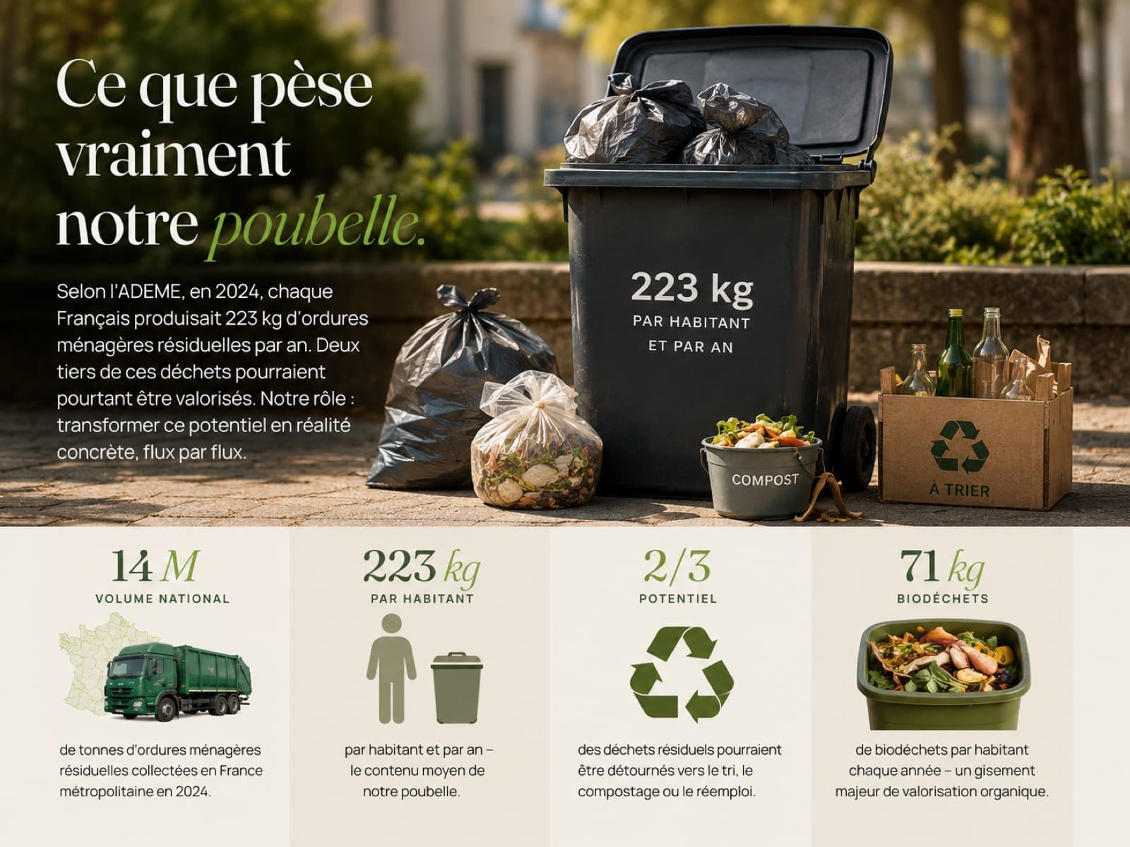 Poubelle de 223 kg par habitant et par an, sacs, compost et bac de tri